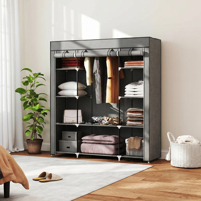 Clothes Storage Organiser with Hanging Rail, Shelves, Portable Wardrobe, Foldable Fabric Wardrobe, Dark Grey