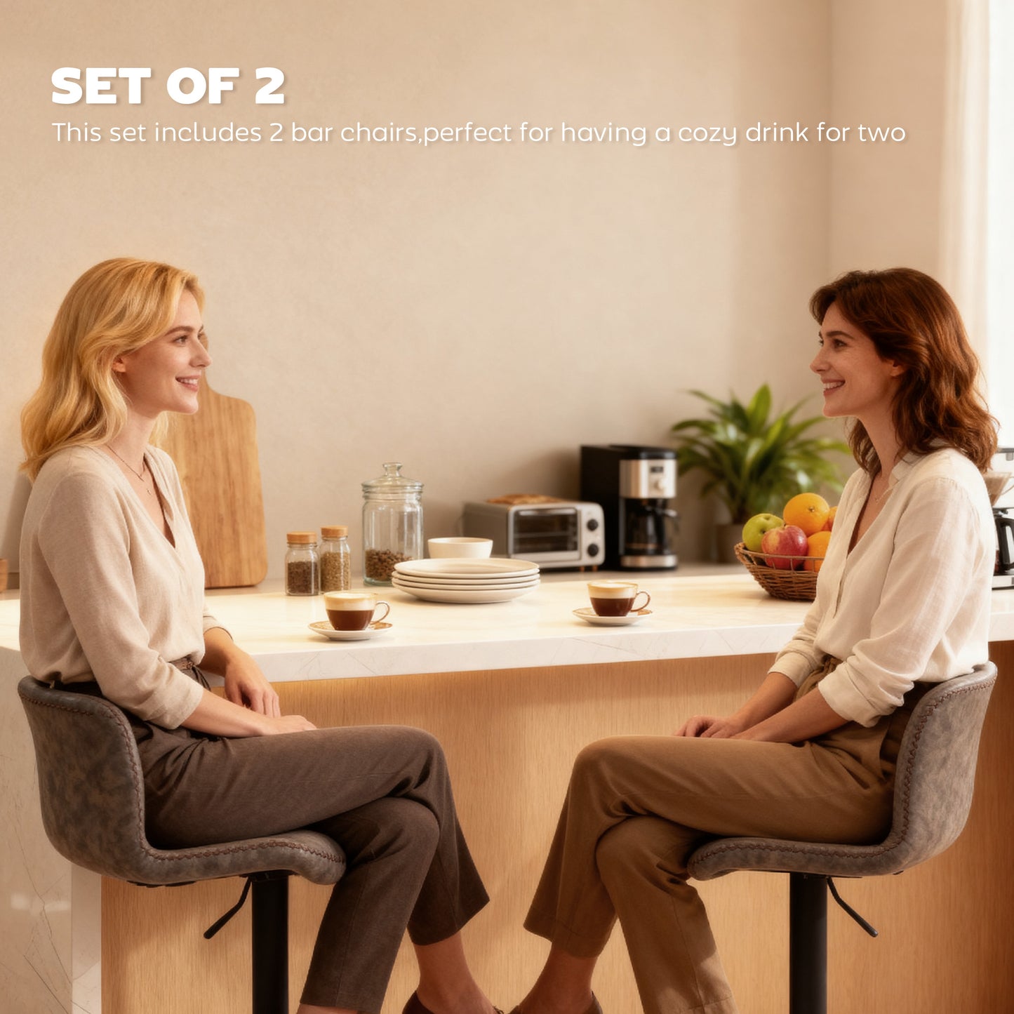 Bar Stools Set of 2, PU Leather Barstools with Backrest and Footrest for Kitchen, Counter, Breakfast Bar, Brown