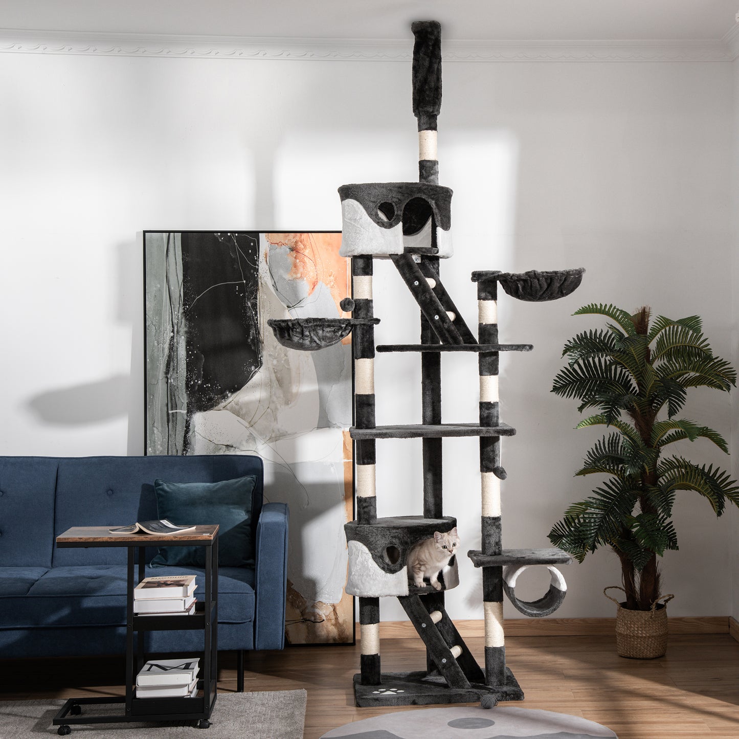Floor-to-Ceiling Cat Tree for Indoor Cats, 240-260cm Adjustable Cat Tree - White