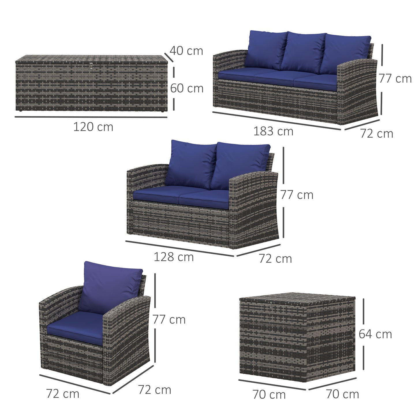 6 Pieces Rattan Garden Furniture Set, 7 Seater Wicker Outdoor Furniture Set with Storage Tea Table & Side Table