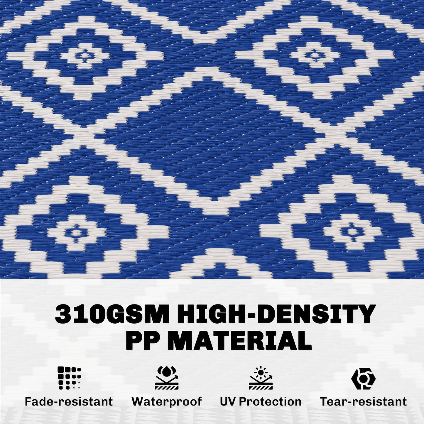 Plastic Straw Reversible RV Outdoor Rug with Carry Bag, 182 x 274cm, Blue and White