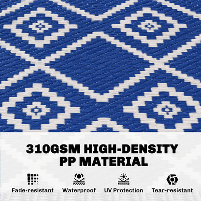 Plastic Straw Reversible RV Outdoor Rug with Carry Bag, 182 x 274cm, Blue and White