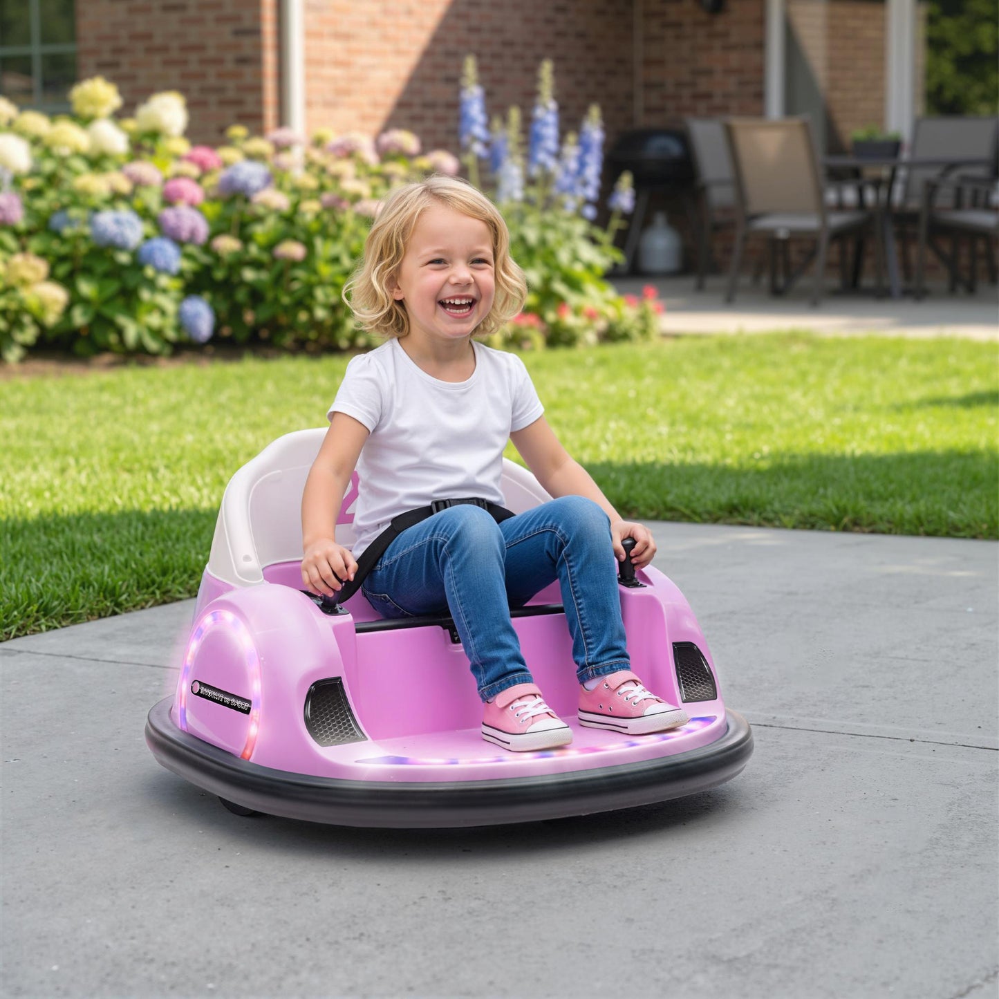 360° Rotation Kids Bumper Car, 12V Waltz Car with Remote Control, Dual Joystick, Music, Lights, Pink