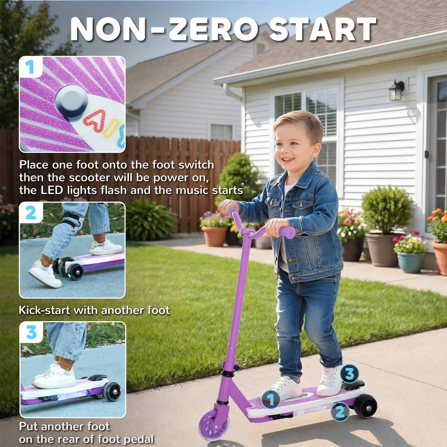 Electric Scooter for Kids Aged 4-7 Years, with Flashing LED Lights, Rear Auxiliary Wheels, Purple