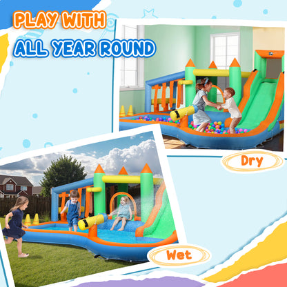 8 in 1 Inflatable Bounce House with 550W Blower, Slide, 2 Pools, Basketball Hoop, Climbing Wall, Water Gun, Ring Toss