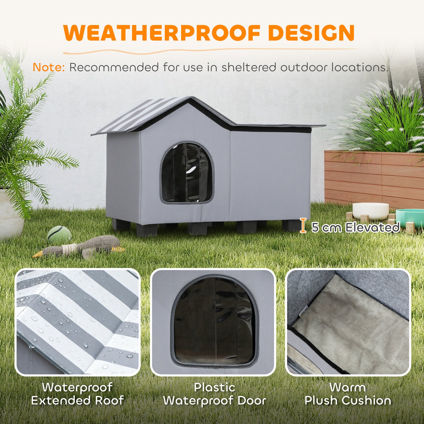 Outdoor Cat House, Weather Resistant Feral Cat Cave with Elevated Base and Cushion for Winter, Grey