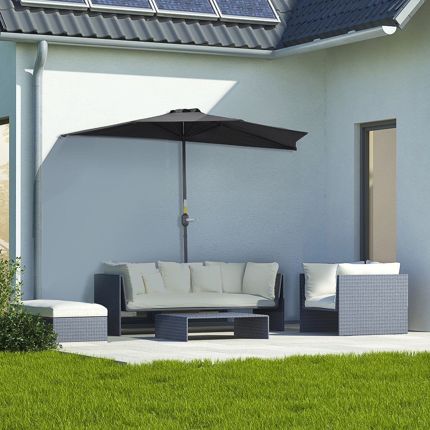 2.7m Garden Half Parasol, Outdoor Balcony Umbrella with 5 Steel Ribs, Patio Sun Shade, Black