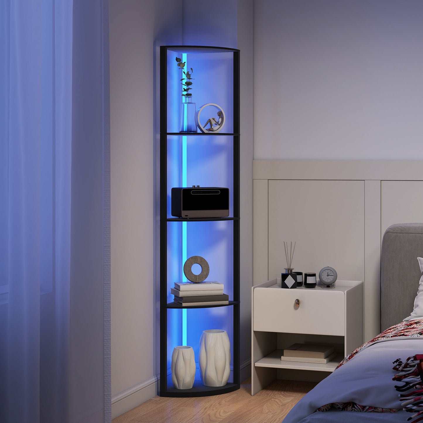 RGB LED Floor Lamp with Shelves, 4-Tier Dimmable Standing Lamp with Remote Control, Black