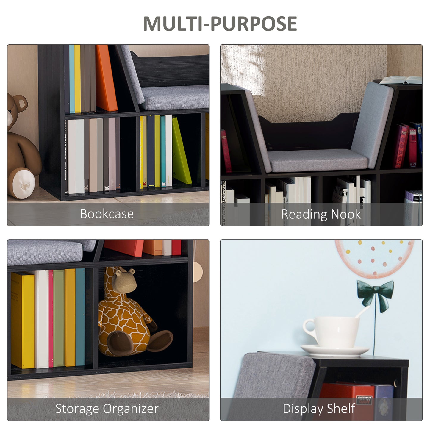 Bookcase with Cushioned Reading Seat – Black