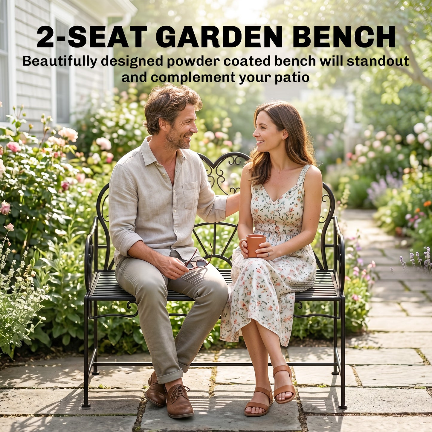 Metal Garden Bench Loveseat with Slatted Seat, Black