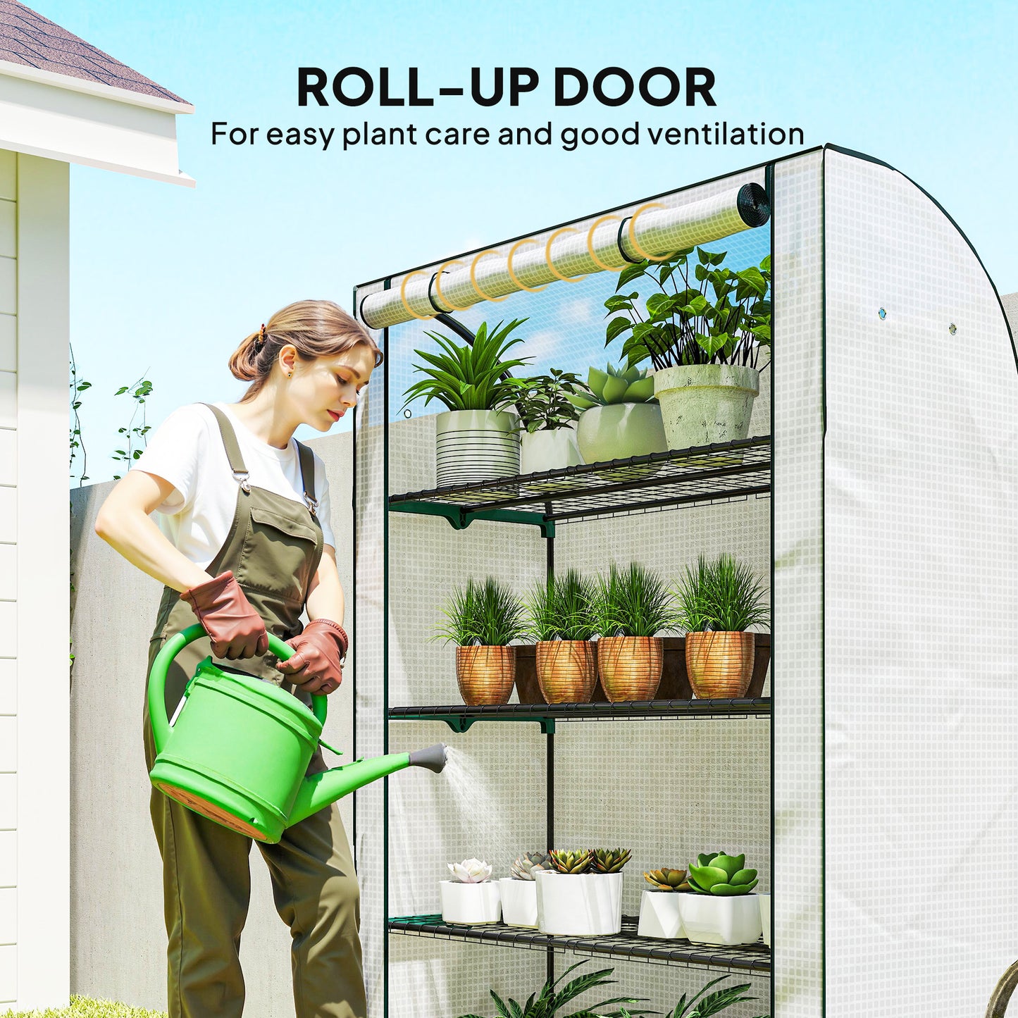 Mini Greenhouse with Reinforced PE Cover, Portable Indoor Outdoor Green House with Roll-up Door, 170 x 120 x 50cm, White