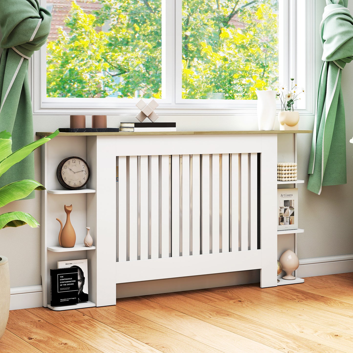 Radiator Cover with Open Storage Shelves, Vertical Slatted Cabinet Shelf Heater Cover for Living Room, Hallway, Large, White