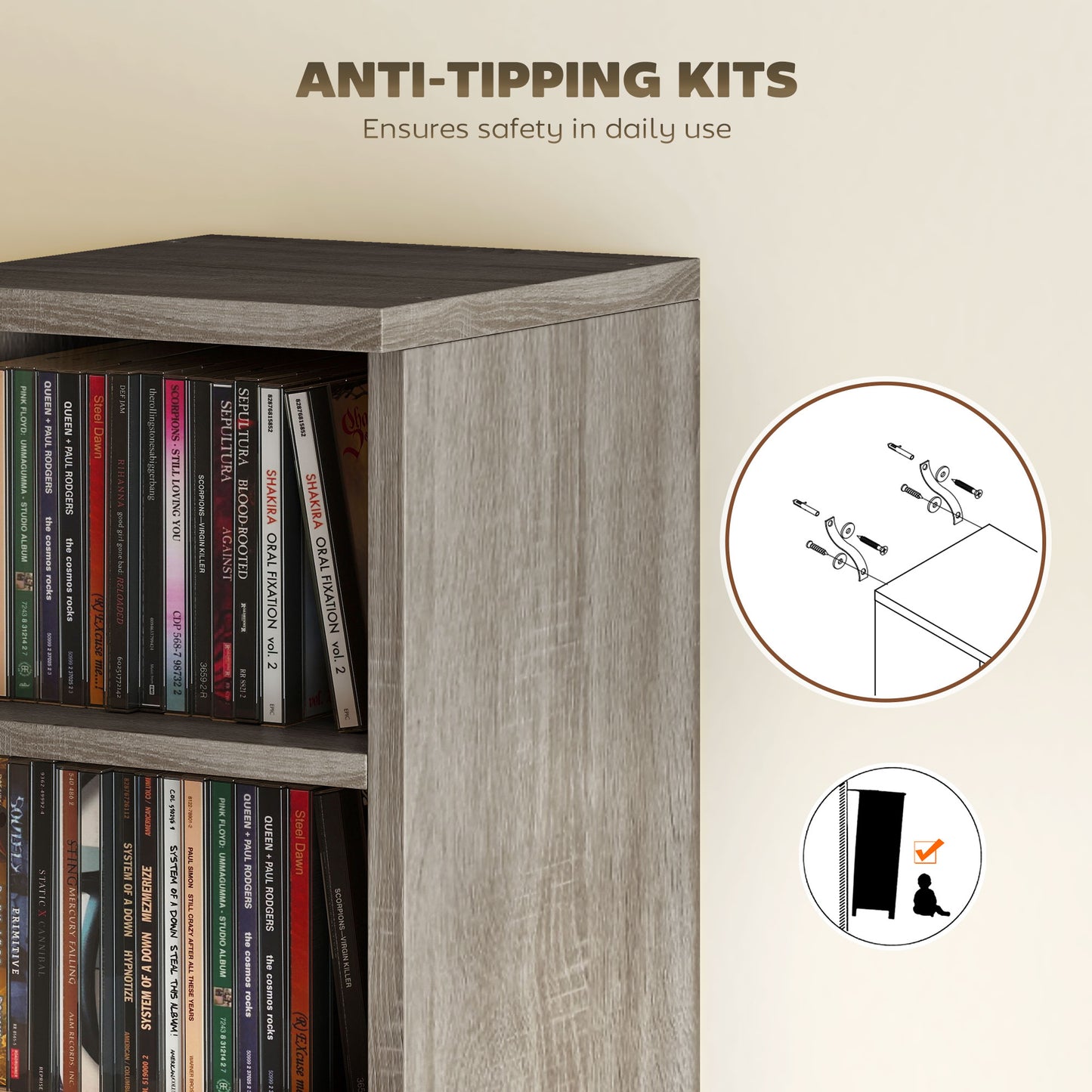 Set of 2 CD Media Display Shelf Unit Tower Rack with Adjustable Shelves, Mocha Wood Effect