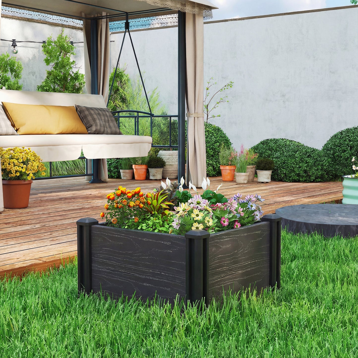 Vinyl Raised Garden Bed Kit, 2 x 2 x 1ft Modular Elevated Garden Box with Slotting Legs and Open Bottom, Dark Grey