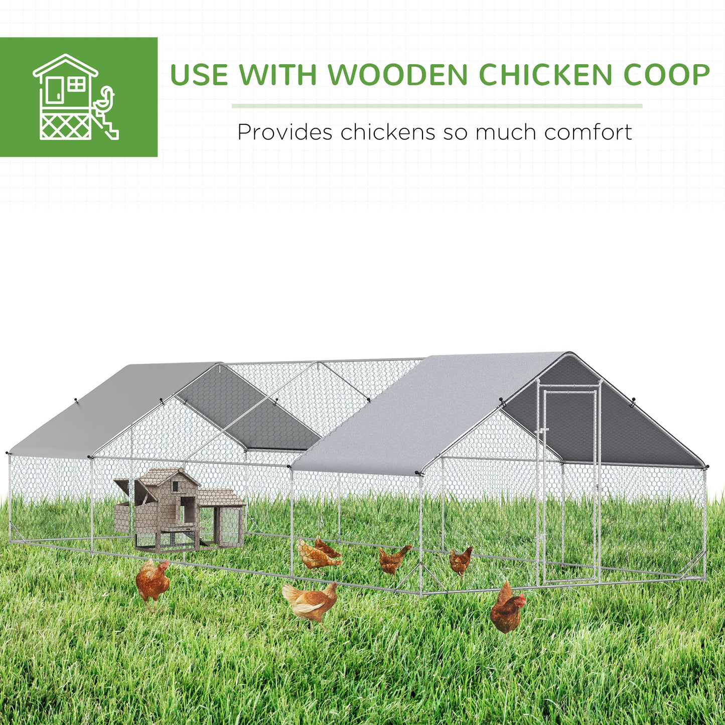 Chicken Run Galvanised Walk-in Chicken Coop Hen Poultry House Cage Rabbit Hutch with Weather-Resist Cover, 3 x 8 x 2m