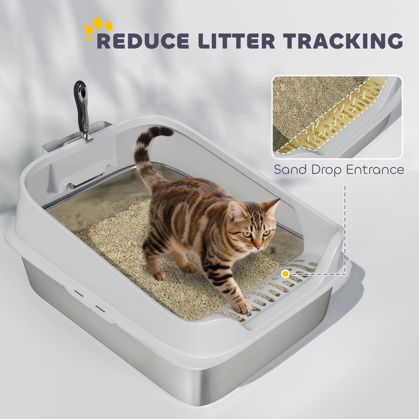 XL Stainless Steel Cat Litter Box with High Sides, Metal Scoop, 60 x 40 x 30 cm