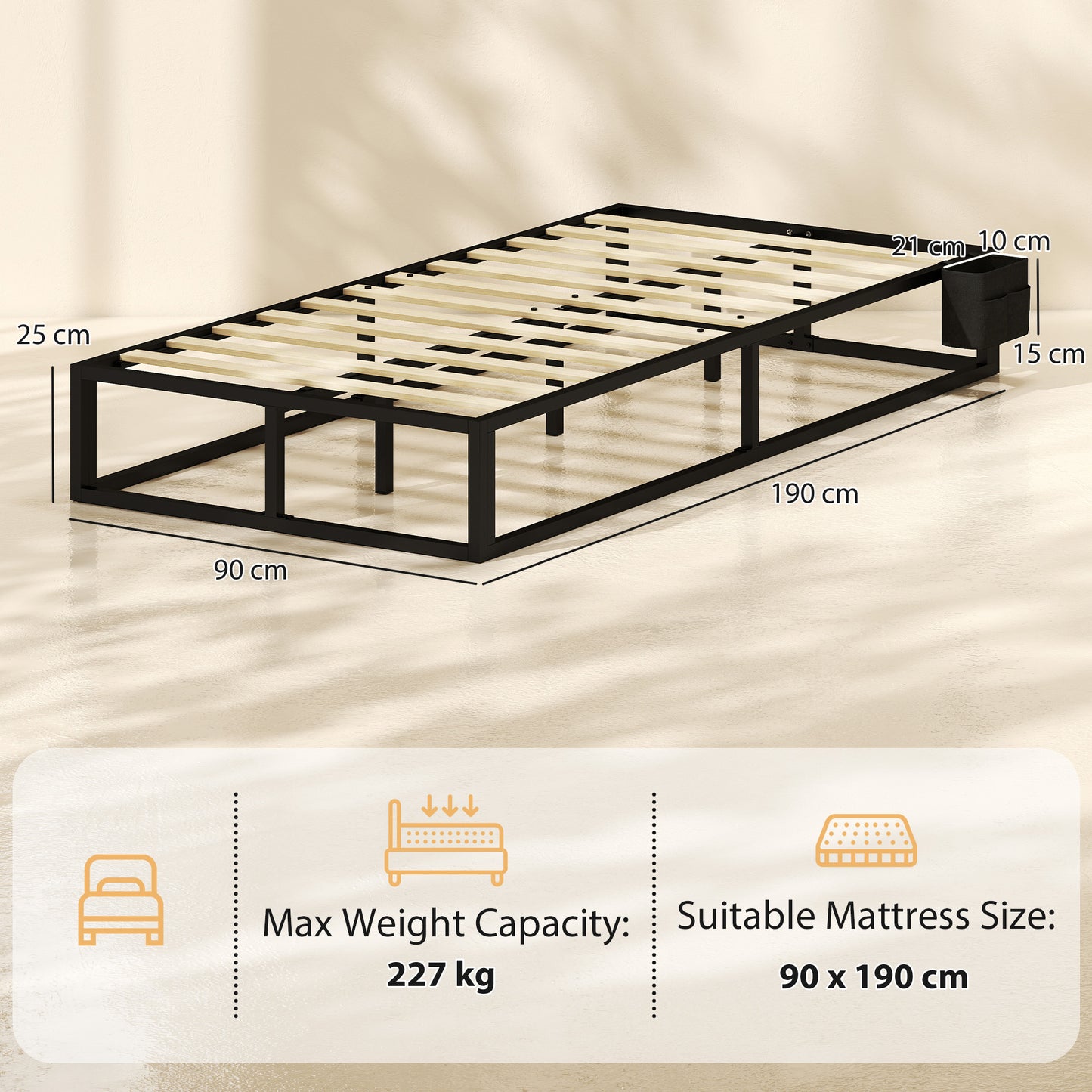 12 Slats Metal Platform Bed Frame, 3ft Single Bed Frame with Storage Bag and Anti-Slip Pads, Black