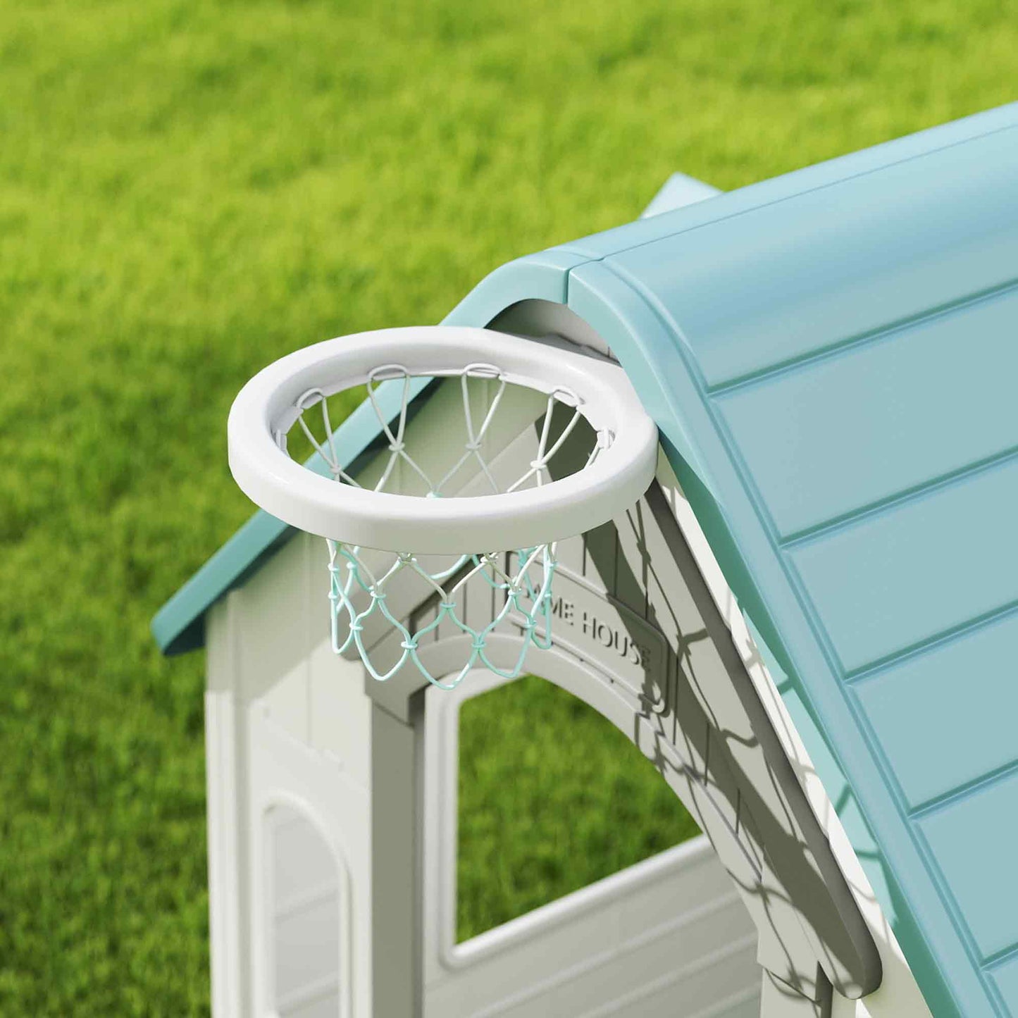 5-in-1 Playhouse for Kids Outdoor Indoor with Basketball Hoop, Football Goal, Dartboard, Ring Toss for 2-5 Years, Beige