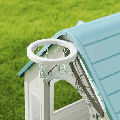 5-in-1 Playhouse for Kids Outdoor Indoor with Basketball Hoop, Football Goal, Dartboard, Ring Toss for 2-5 Years, Beige