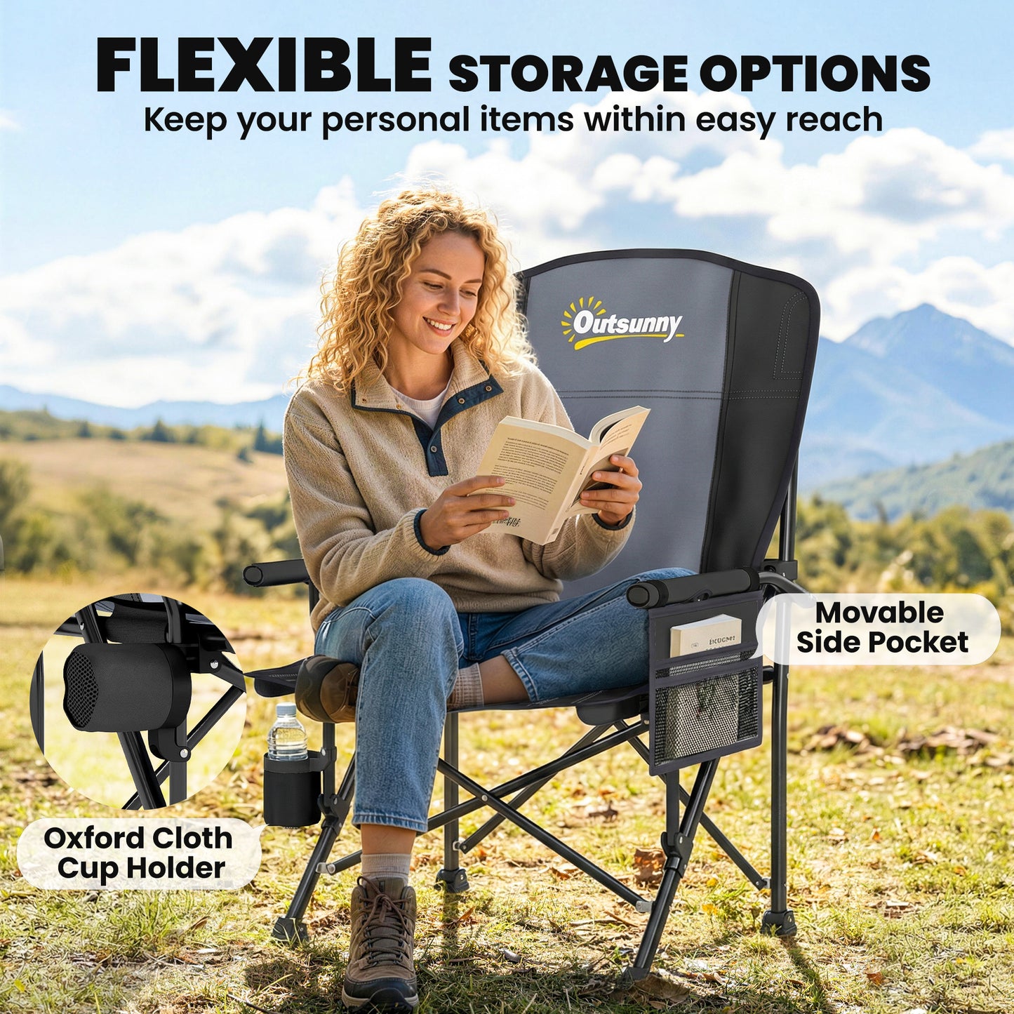 Padded Camping Chair Adults Heavy Duty Folding Chair Side Pocket Cup Holder Carry Bag Outdoor Black