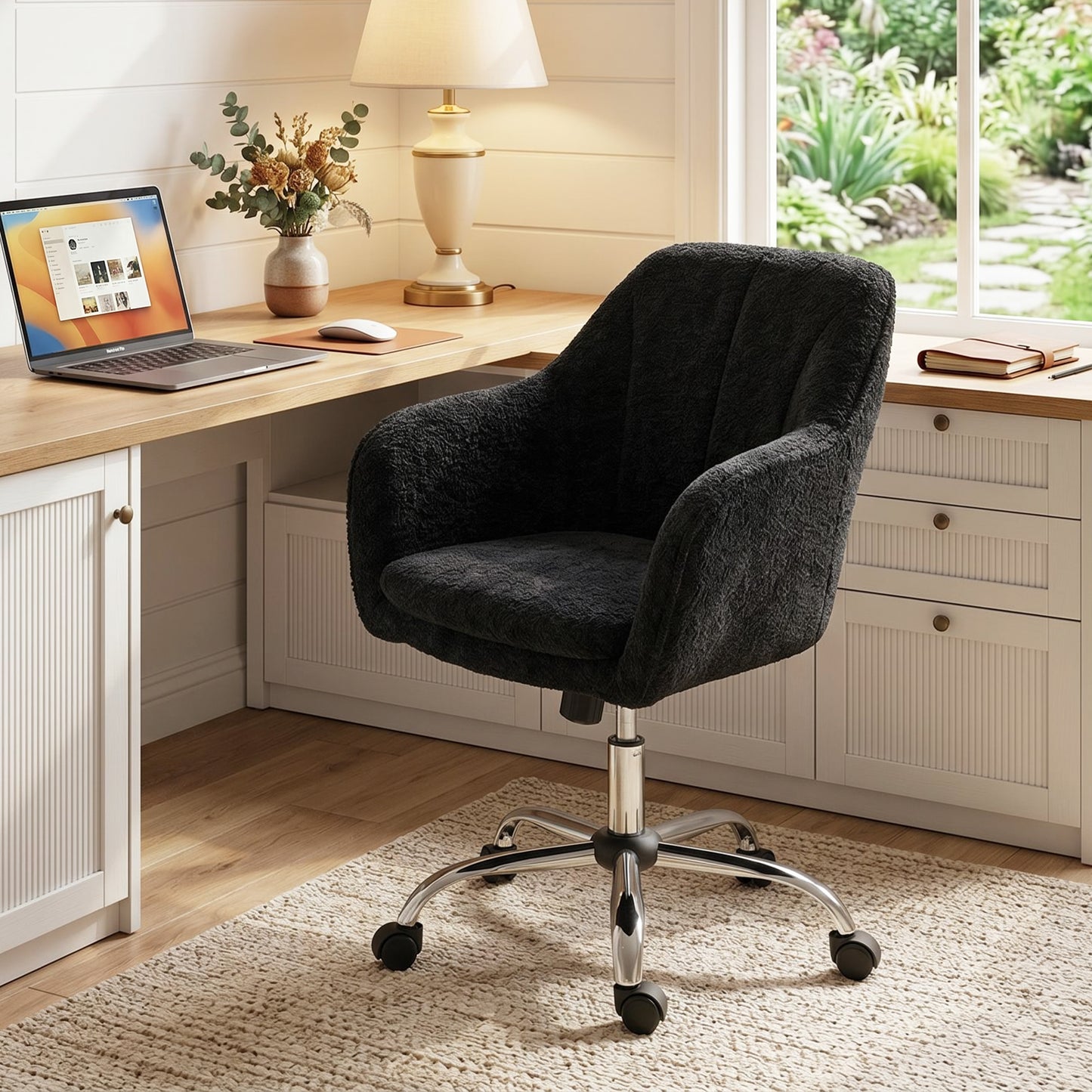 Modern Makeup Vanity Chair, Snow Flannel Office Chair with Tub Back, Black