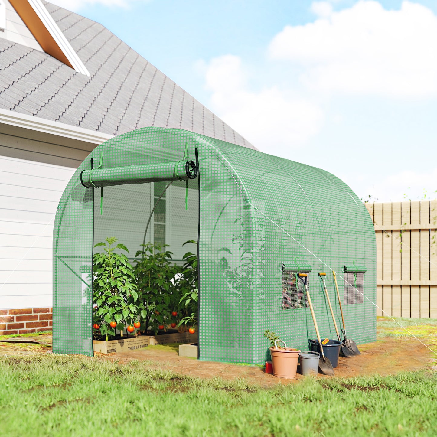 Walk-In Garden Polytunnel Greenhouse with Steel Frame, PE Cover, Roll-Up Door and 4 Windows, 2.5 x 2m, Green
