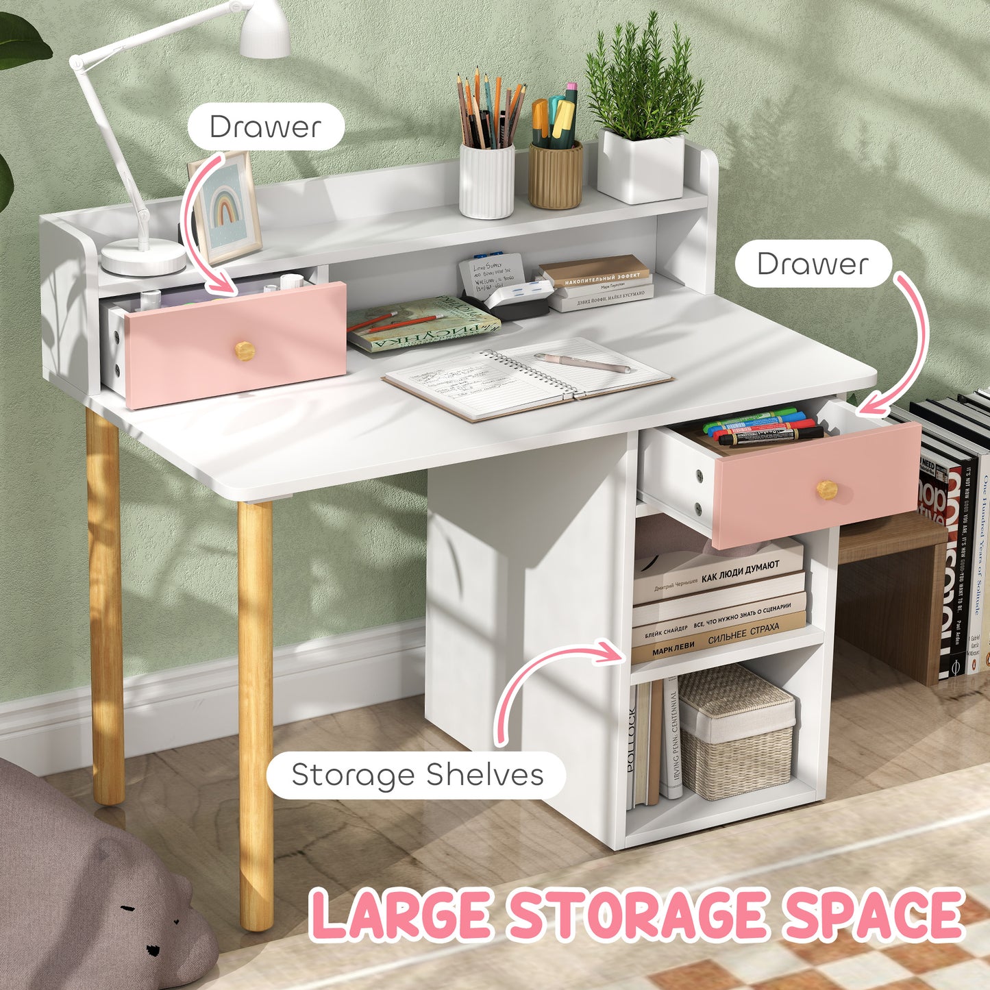 2 Pieces Children Study Table with Hutch, Kids Desk and Chair Set with Storage, Drawer, Shelves, Pink