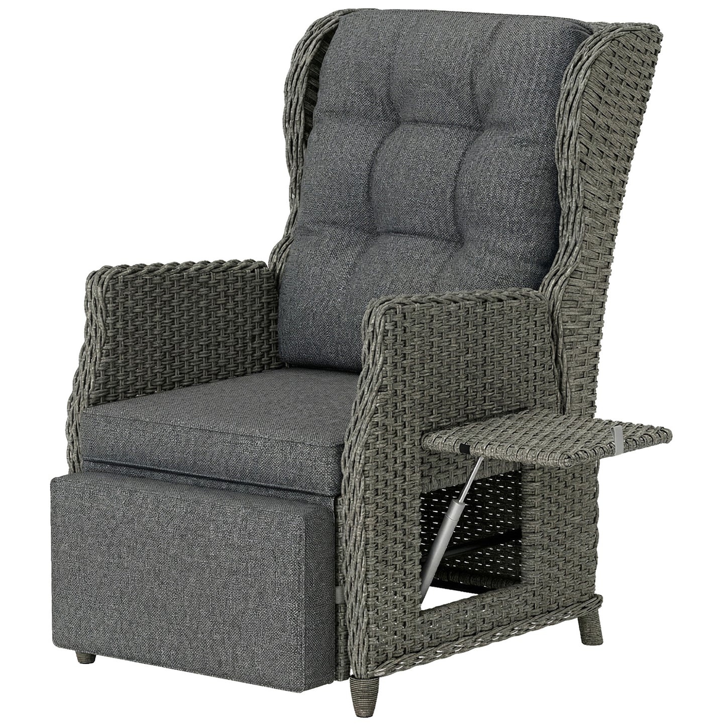 Rattan Garden Recliner Chair, Reclining Garden Chair with Adjustable Back and Footrest, Flip Table, Cushion, Dark Grey