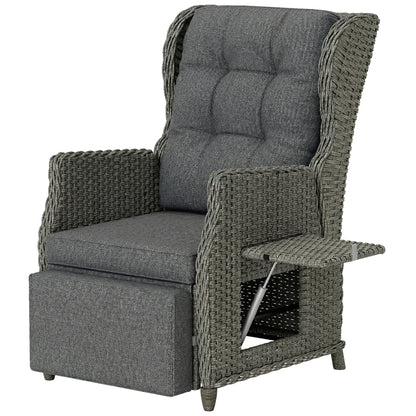 Rattan Garden Recliner Chair, Reclining Garden Chair with Adjustable Back and Footrest, Flip Table, Cushion, Dark Grey