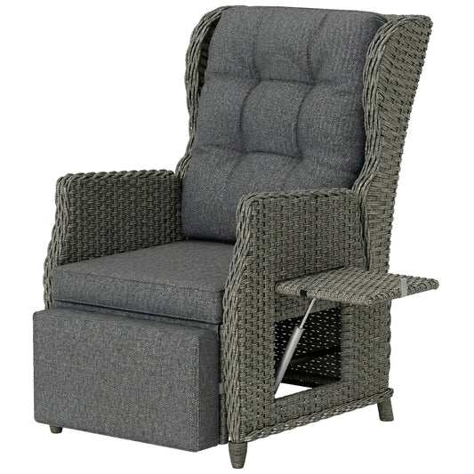 Rattan Garden Recliner Chair, Reclining Garden Chair with Adjustable Back and Footrest, Flip Table, Cushion, Dark Grey