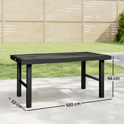 Metal Garden Coffee Table, Outdoor Side Table with SPC Woodgrain Tabletop for Outside, 100 x 52 x 46cm, Dark Grey