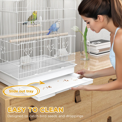 Large Metal Bird Cage with Perches, Food Bowls, Swing, for Budgies, Parakeets, White