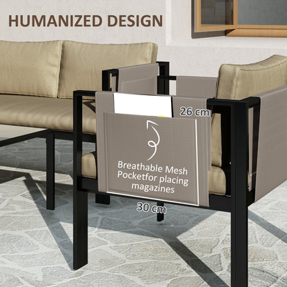 4 Piece Metal Garden Furniture Set with Tempered Glass Coffee Table, Texteline Pocket
