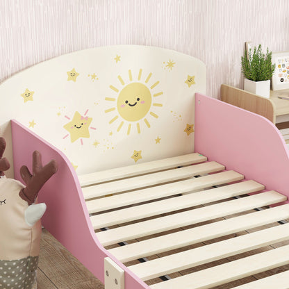 Toddler Bed with Storage, Guardrails, Sun Design, for Ages 3-8 Years, Fits 140 x 70cm Mattress