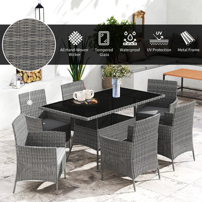 7-Piece Rattan Garden Furniture Set with Cushions, 6 Seater Garden Table and Chairs, Rattan Dining Set with 6 Armchairs