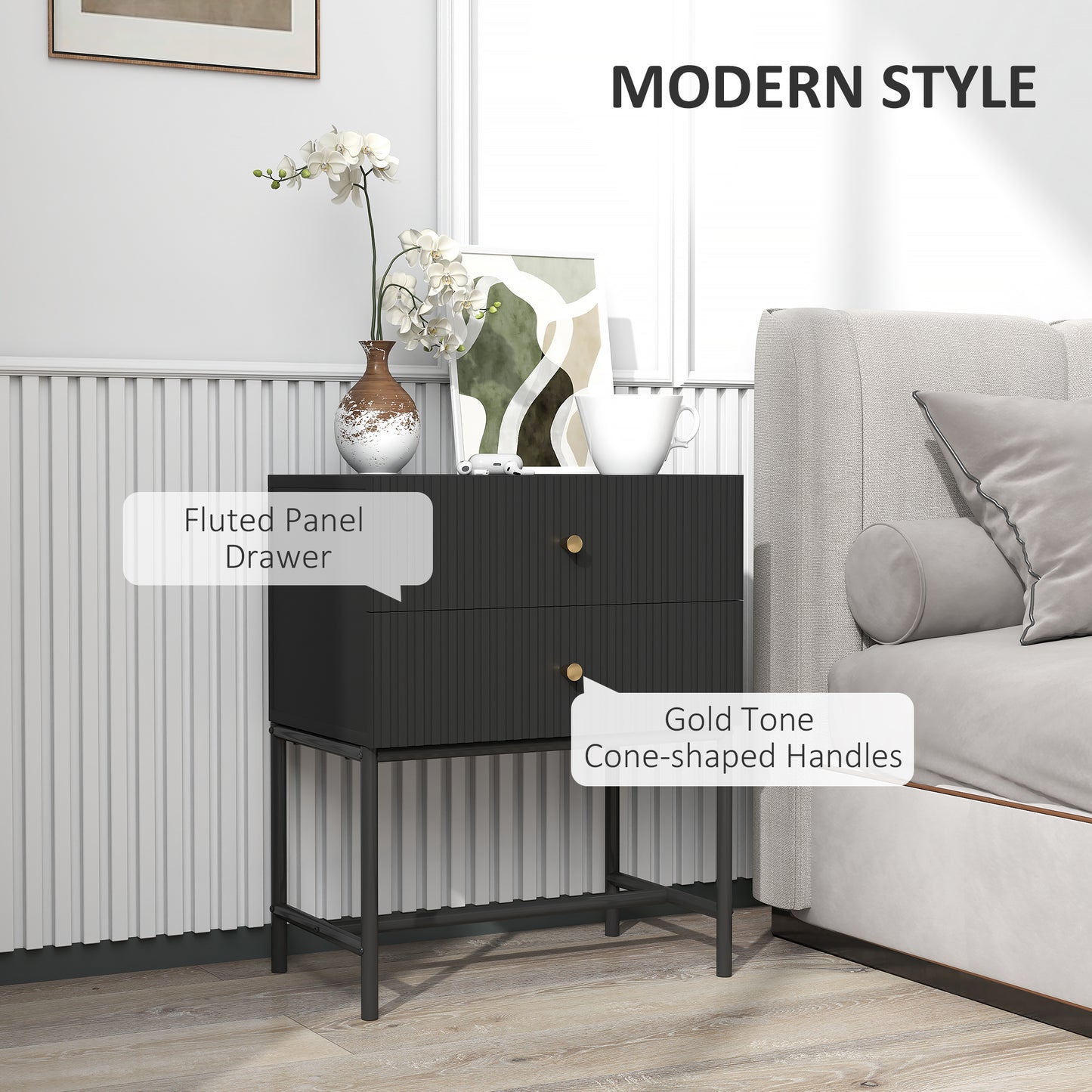 Elegant Two-Drawer Bedside Table - Black