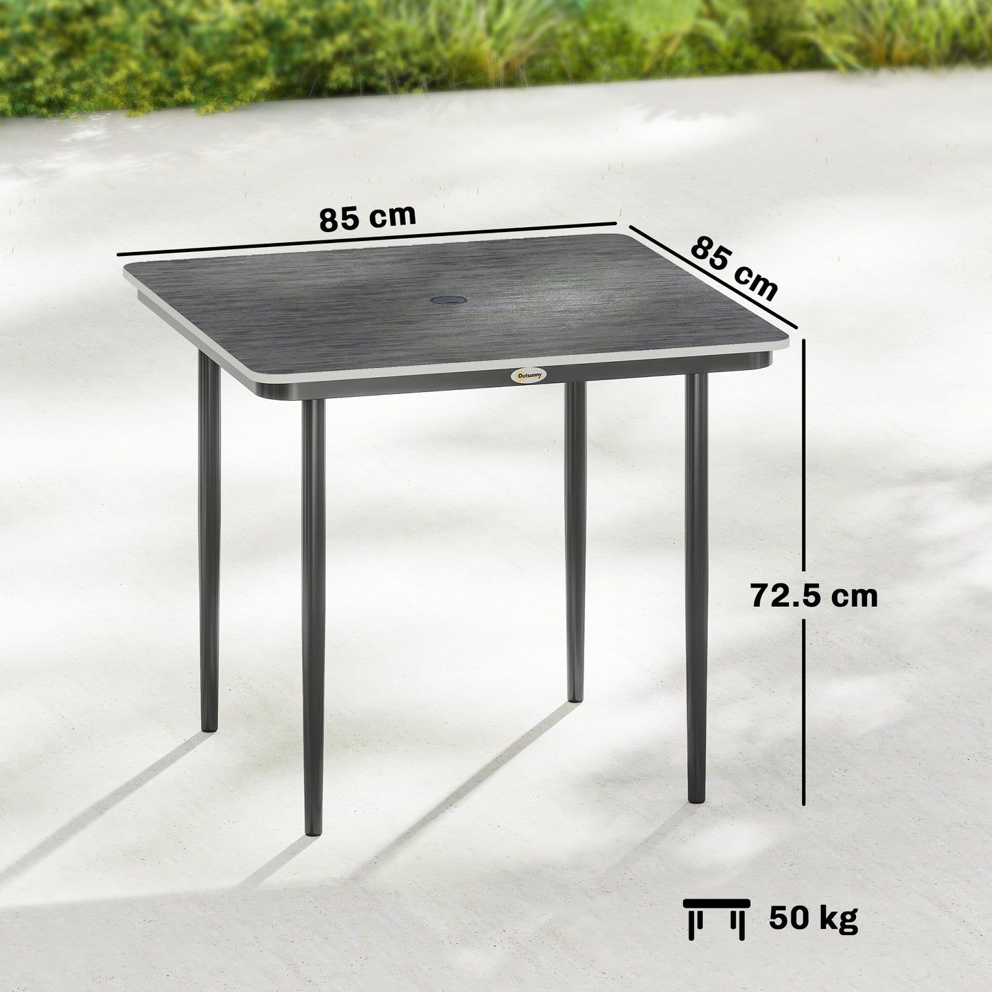 Garden Dining Table for 4, 85 cm Square Outdoor Table with Umbrella Hole, Faux Wood Top, Metal Legs, Dark Grey