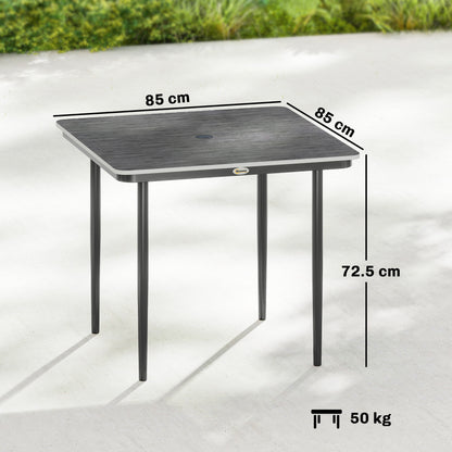 Garden Dining Table for 4, 85 cm Square Outdoor Table with Umbrella Hole, Faux Wood Top, Metal Legs, Dark Grey