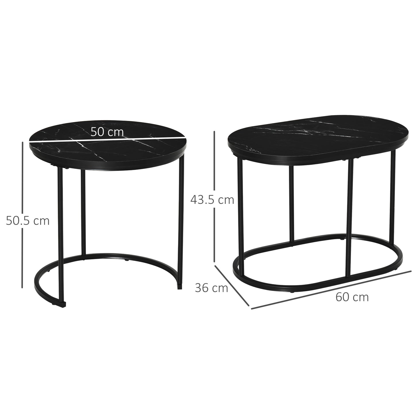 Nest of Tables with Steel Frame and Faux Marble Tabletop, Modern Coffee Table Set of 2, Black/White