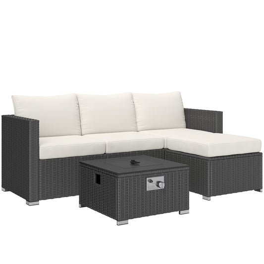 Five Piece Rattan Garden Furniture Set with Gas Fire Pit Table and Footstool - Black and Cream White