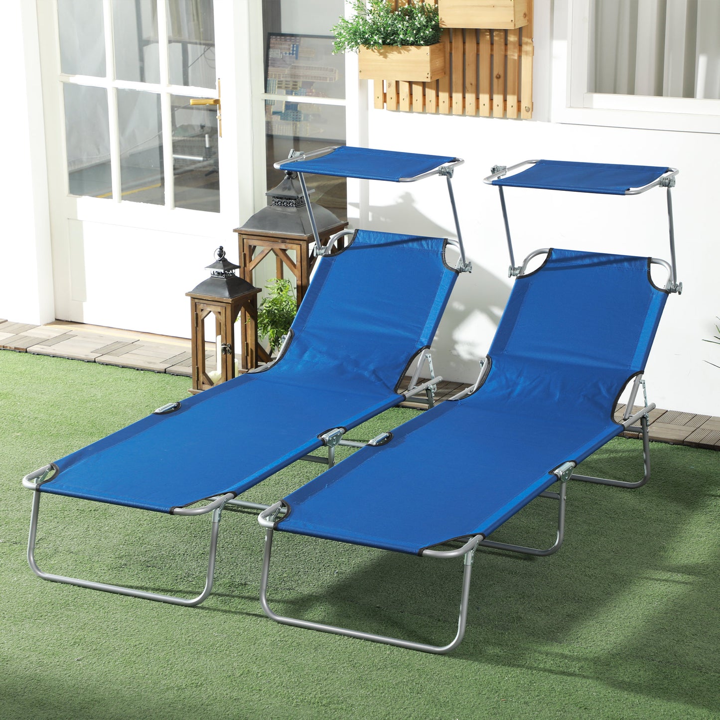 Folding Sun Lounger Set of 2 with Canopy, Reclining Sunbed with 4-Position Adjustable Backrest, 600D Oxford Cloth