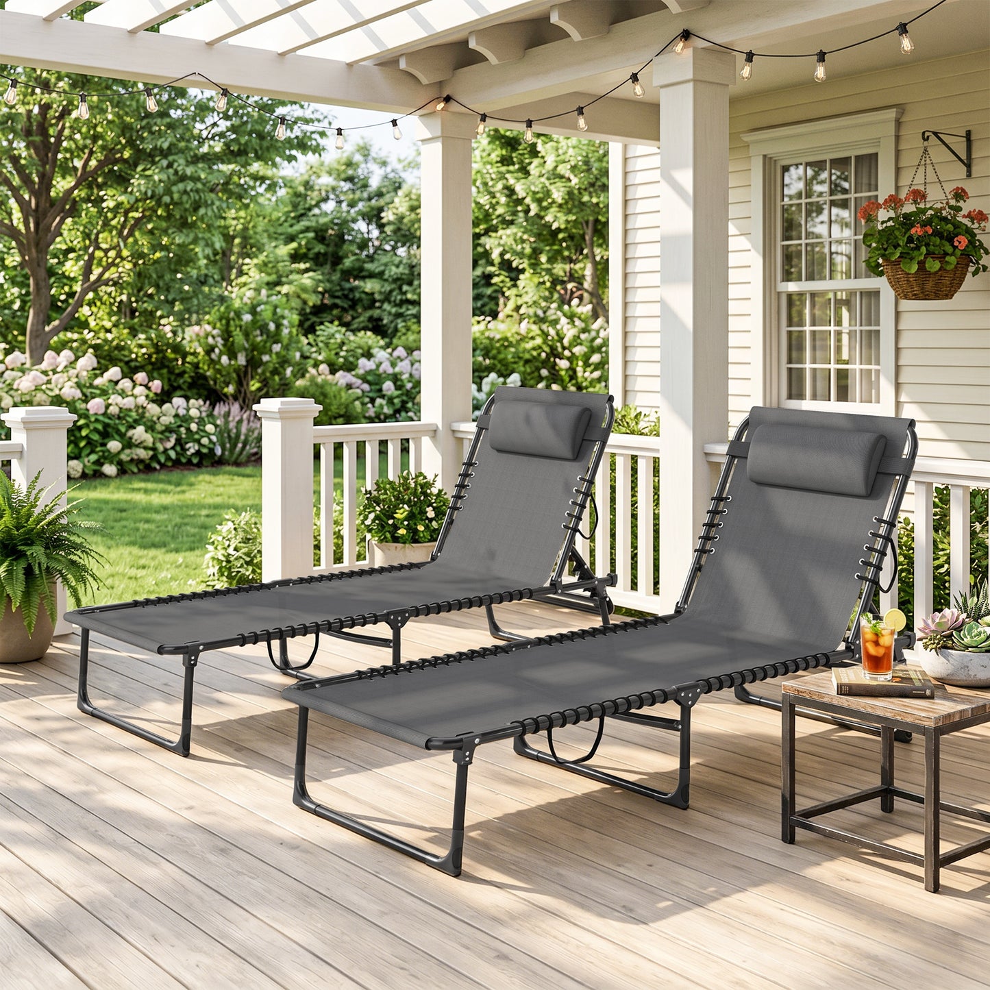 Set of Two Folding Sun Loungers, with Four-Position Backs - Grey
