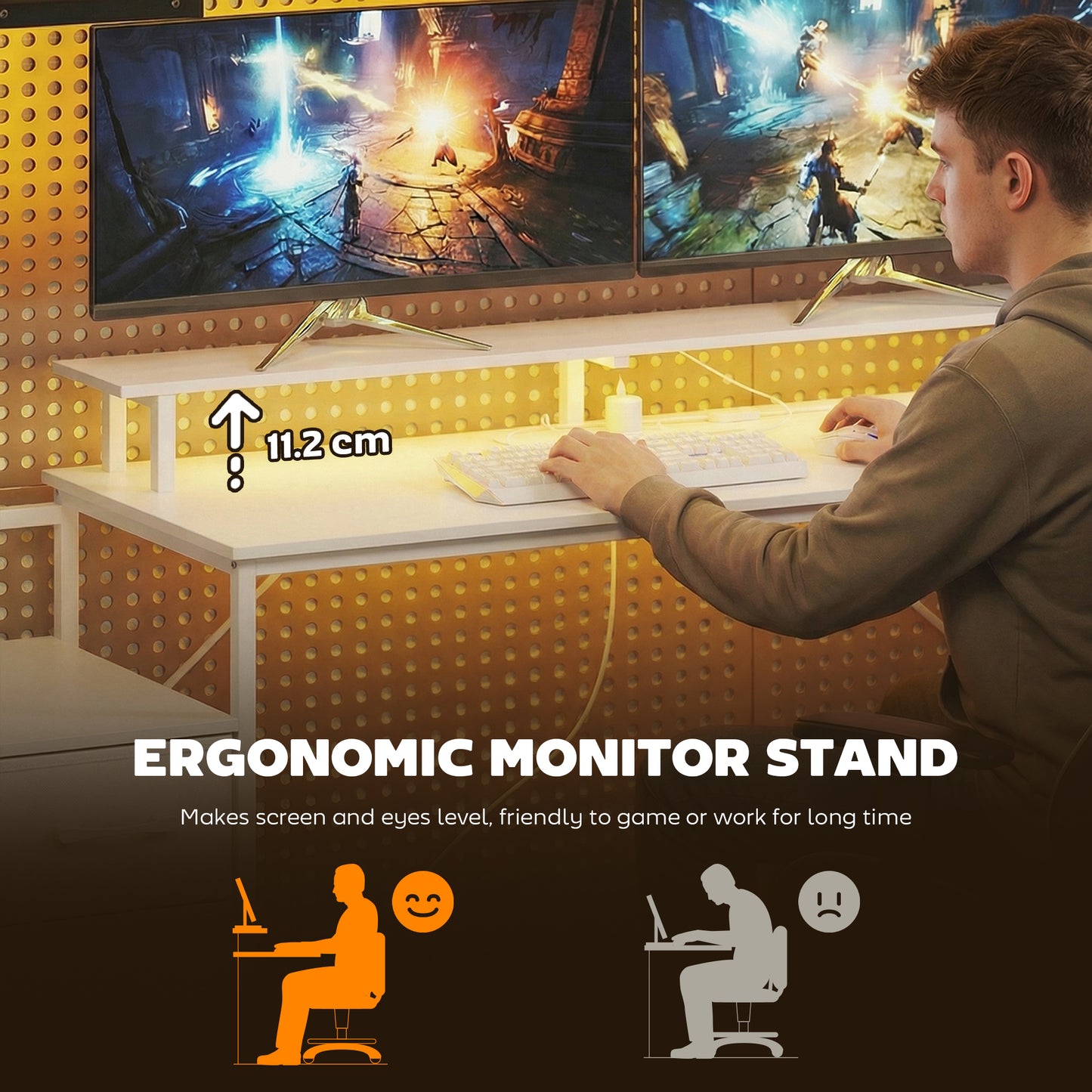 147cm Gaming Desk with Charging Station and Monitor Stand, Computer Table for Home Office with RGB Lights, White