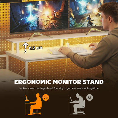 147cm Gaming Desk with Charging Station and Monitor Stand, Computer Table for Home Office with RGB Lights, White