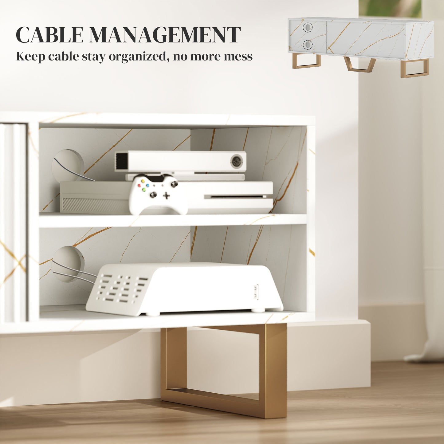 Marble Effect TV Unit, Modern TV Stand Cabinet for up to 70" TVs, with Shelves and Storage Cupboard, Fluted Door