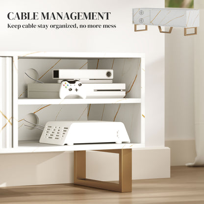 Marble Effect TV Unit, Modern TV Stand Cabinet for up to 70" TVs, with Shelves and Storage Cupboard, Fluted Door