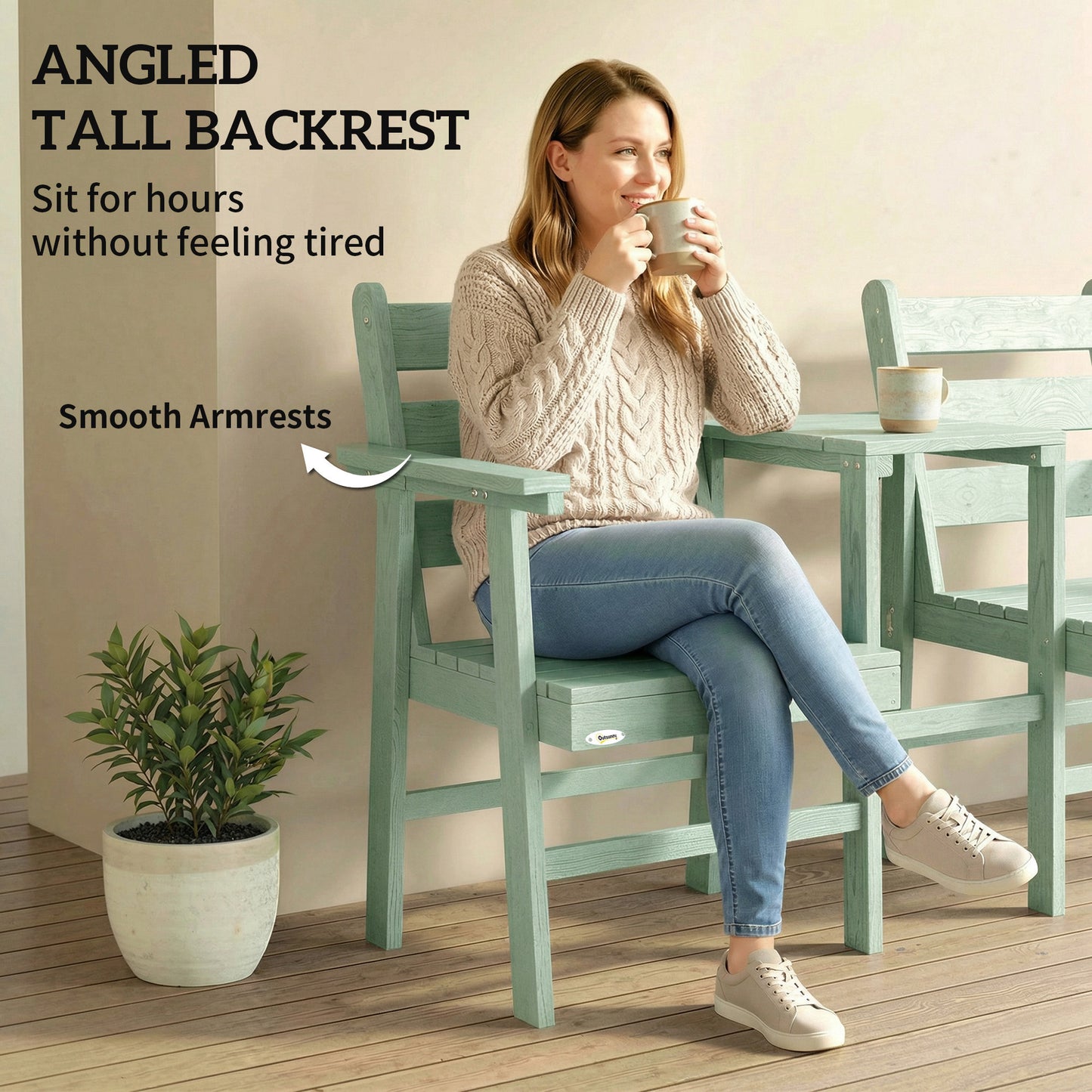 Outdoor Garden Loveseat, Embossed Wooden Jack and Jill Garden Seat with Integrated Table, Green