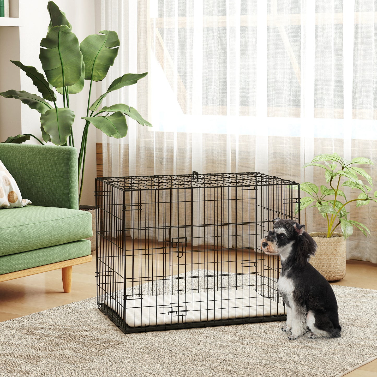 Foldable Dog Crate with 2 Doors with Tray, Soft Cushion, for Small Dogs, 75 x 49 x 53 cm, Black