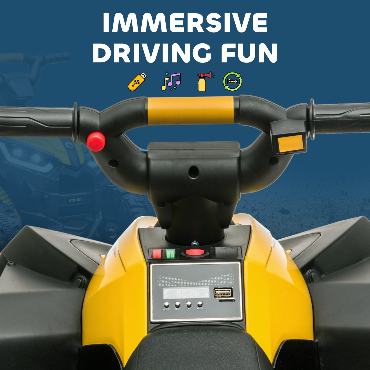 12V Ride-On Quad Bike w/ Music, Horn, for Ages 3+ Years - Yellow