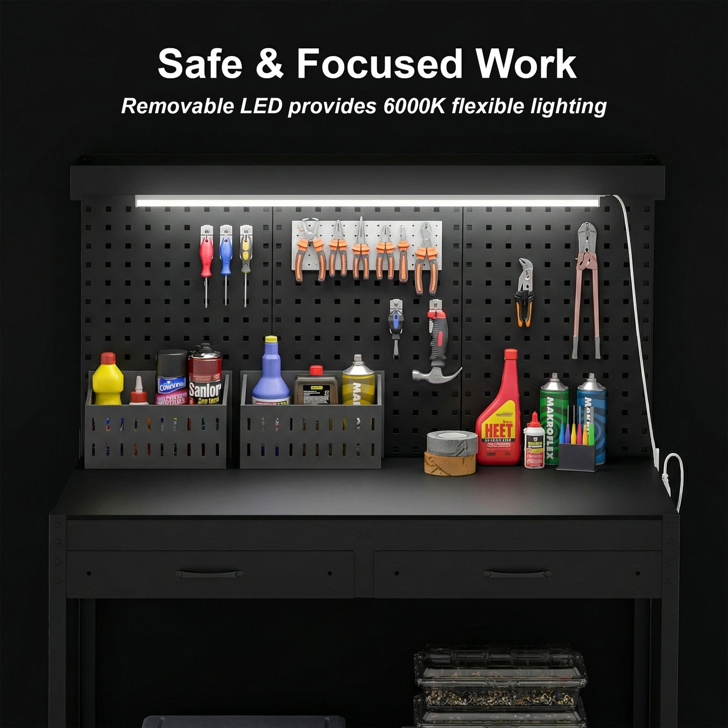 110 cm Workbench with Pegboard, Heavy Duty Work Table with Power Strip and LED Light, Black